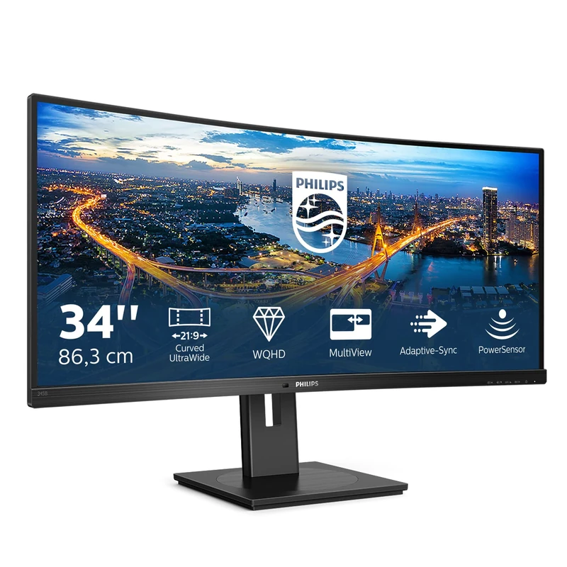 Philips 345B1C - 34 inch Curved WQHD Monitor, 100Hz, 4ms, VA, Speakers, Height Adjust, Power Sensor, USB Hub (3440 x 1440 WQHD, 300 cd/m², HDMI/DP/USB-B/USB 3.2)