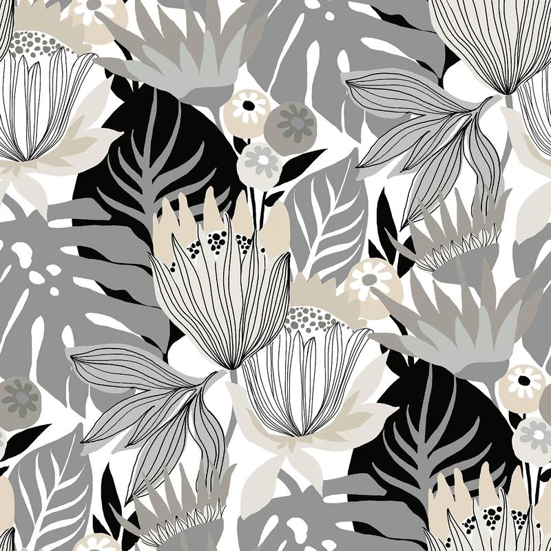 RoomMates RMK11488RL Retro Tropical Leaves Gray and Beige Peel and Stick Wallpaper