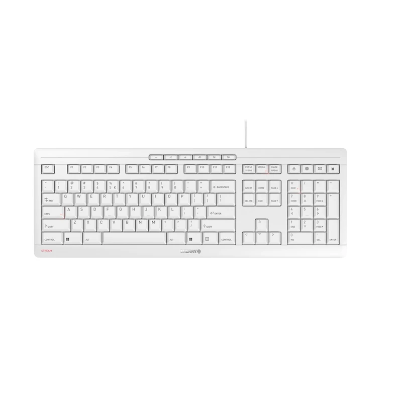 CHERRY STREAM KEYBOARD, Wired Keyboard, EU Layout (QWERTY), Whisper-Quiet Keystrokes, Unique Typing Experience, Flat Design, White-Grey