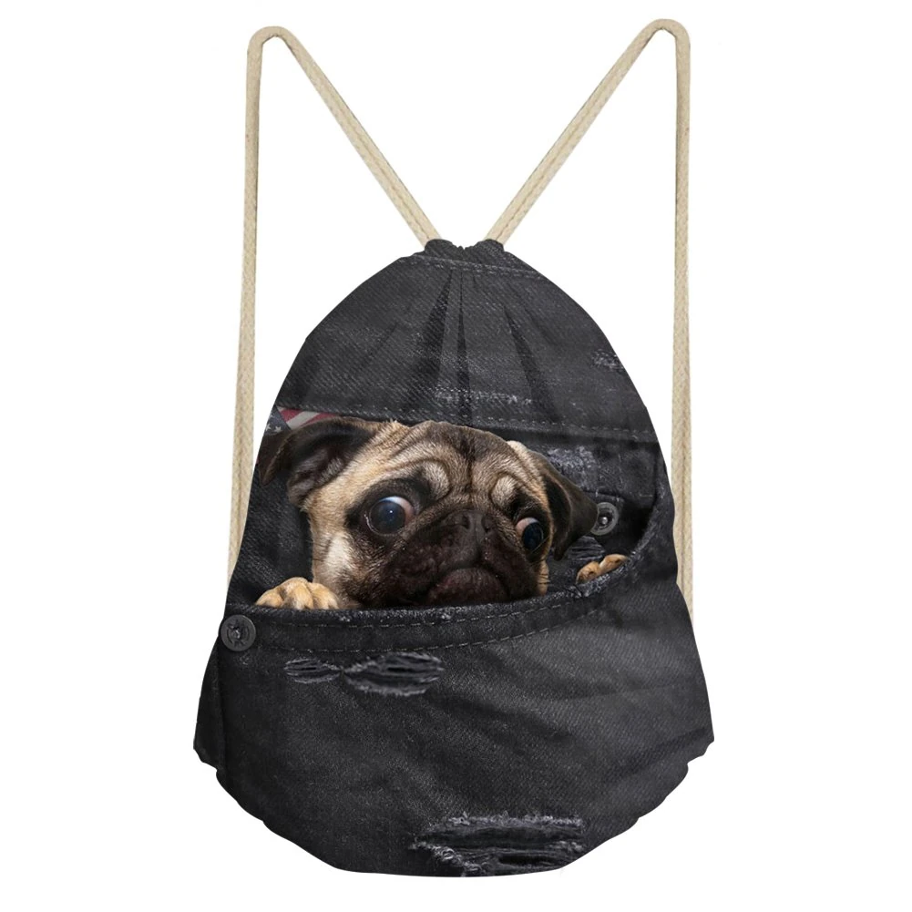 Coloranimal Cool Denim Pug Dog Printed Sport Gym Sack Drawstring Bag Athletic Yoga Shoes Pack Swim Fitness PE Backpack String Shoulder Rucksack