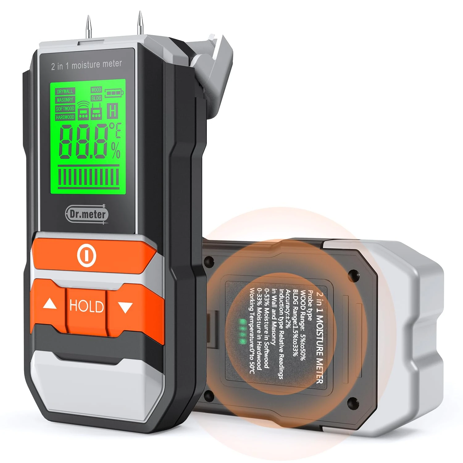 Dr.meter Pinless Moisture Meters, Damp Meter for Walls with Backlit LCD Screen Non-Destructive Damp Meter 4 Mode for Wallboard, Wood, Masonry and Gypsum Boards