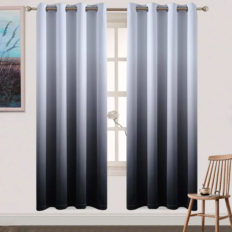 Yakamok Light Blocking Gradient Color Curtains Black Ombre Blackout Curtains Room Darkening Thermal Insulated Grommet Window Drapes for Living Room/Bedroom (Black, 2 Panels, 52x72 Inch)
