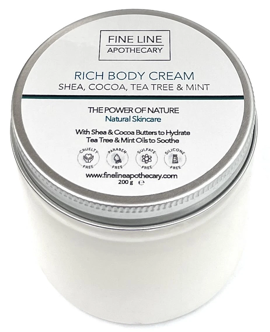 Fine Line Apothecary - Body Butter: Shea, Coconut, Tea Tree, Mint. 99% Natural Moisture Cream. pH 5.5 for Sensitive Skin. Hydration, Protection. Soothes Itchy Irritated Skin. 200g