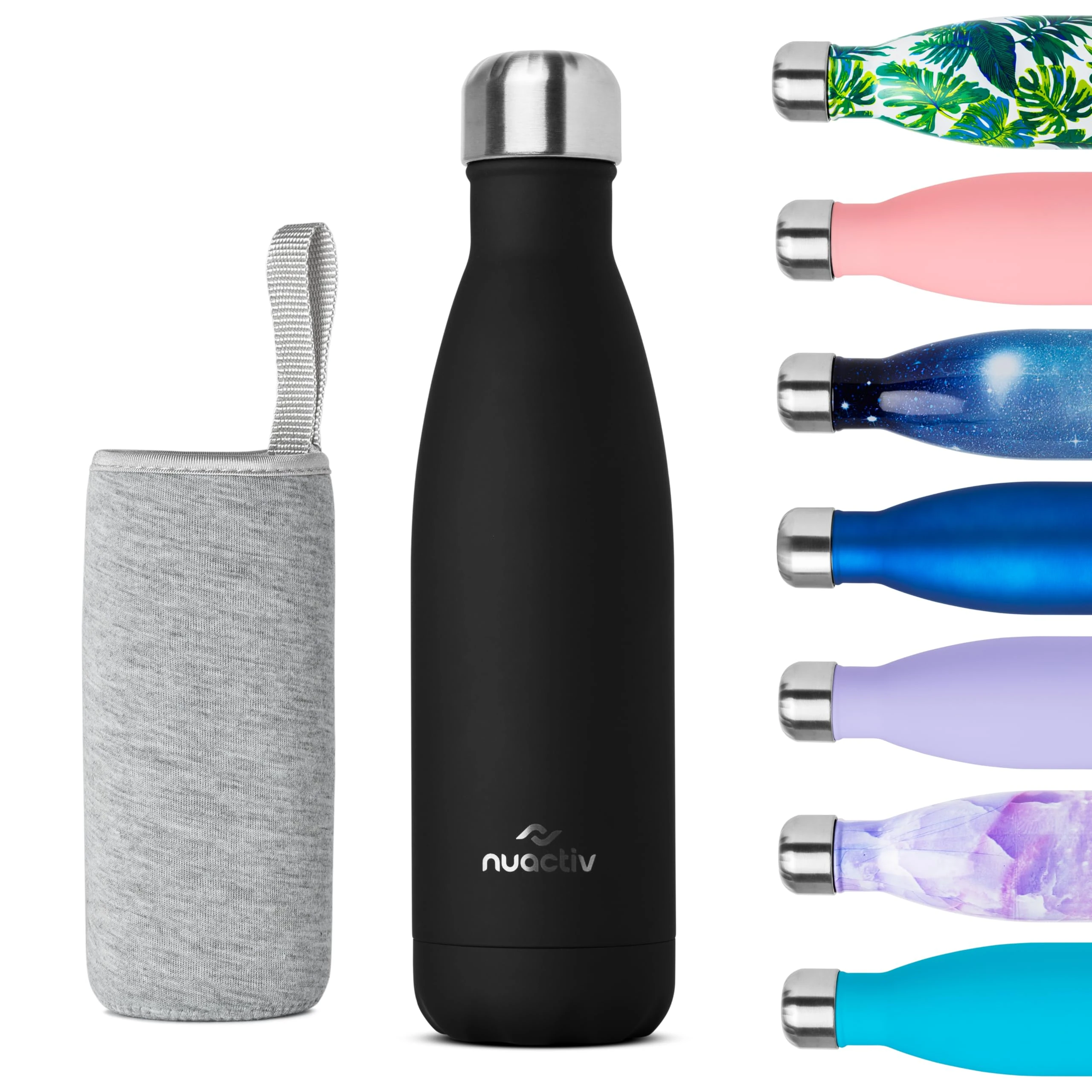 Nuactiv Stainless Steel Water Bottle, Vacuum Insulated, 12hrs Hot & 24hrs Cold Drinks, BPA Free, Metal Water Bottle 500ml, Leakproof Double Walled Thermal Flask for Kids, Travel, Gym, Sports – Black