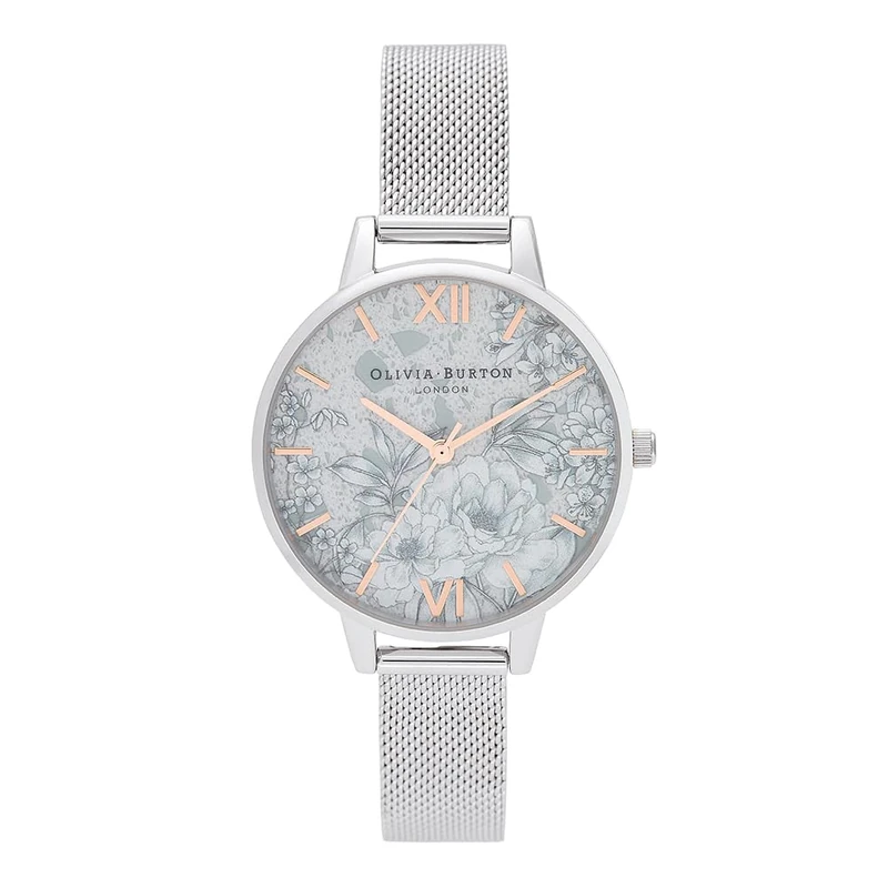 Olivia Burton Analogue Quartz Watch for Women TERRAZZO FLORALS Collection with Silver Stainless Steel Mesh Bracelet - OB16TZ06
