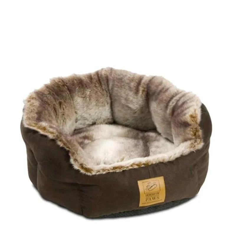 House of Paws Arctic Fox Snuggle Large Oval Dog Bed - Soft & Cosy Brown Faux Suede and Fur - Machine Washable