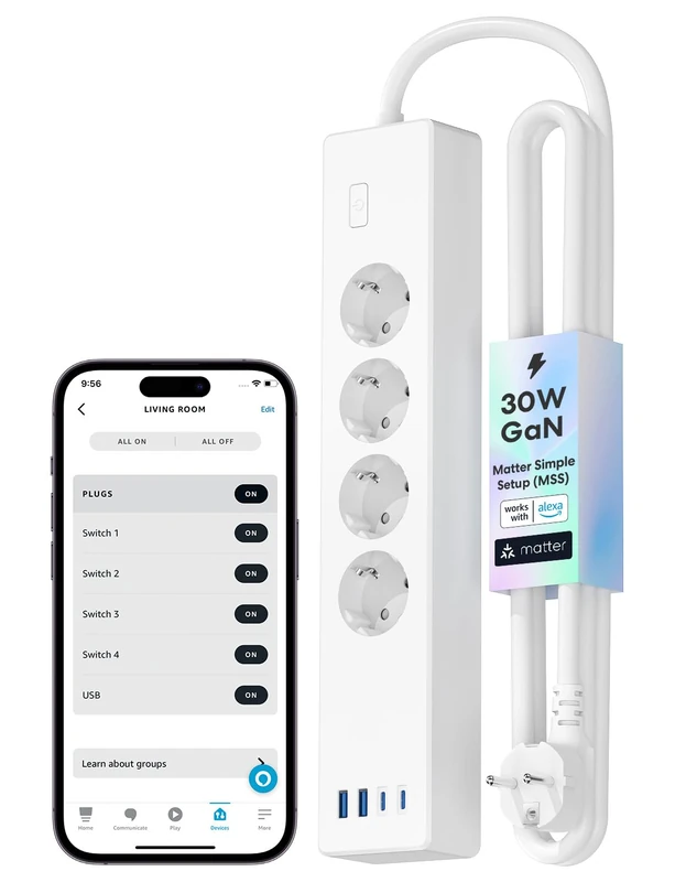 Meross Matter USB C 30W WLAN USB C Smart Power Strip Power Strip Compatible with Alexa, Apple HomeKit and Google, 16A, FFS Ver. - Image 1