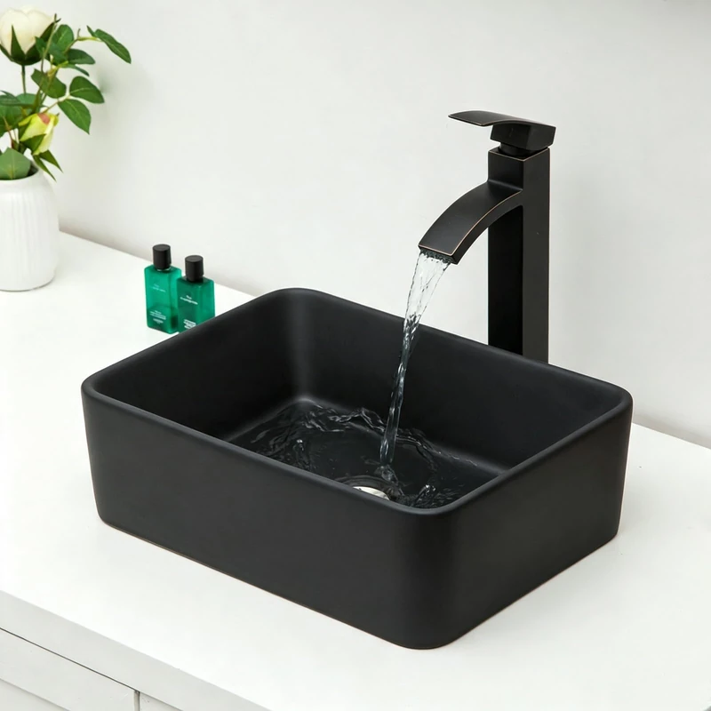ichae 16"x12" Modern Bathroom Rectangle Above Black Porcelain Ceramic Vessel Vanity Sink Art Basin