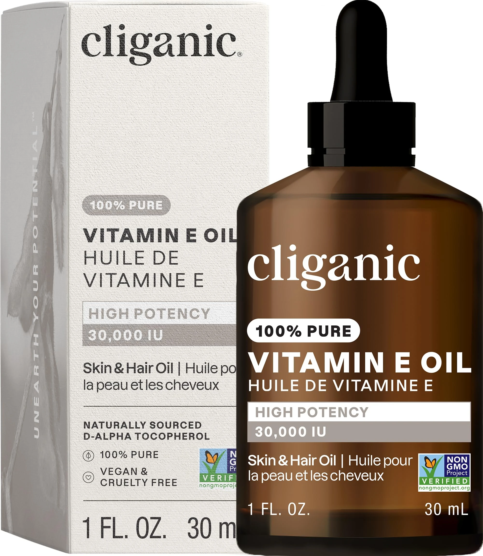 Cliganic 100% Pure Vitamin E Oil for Skin, Hair & Face - 30,000 IU, Non-GMO Verified | Natural D-Alpha Tocopherol