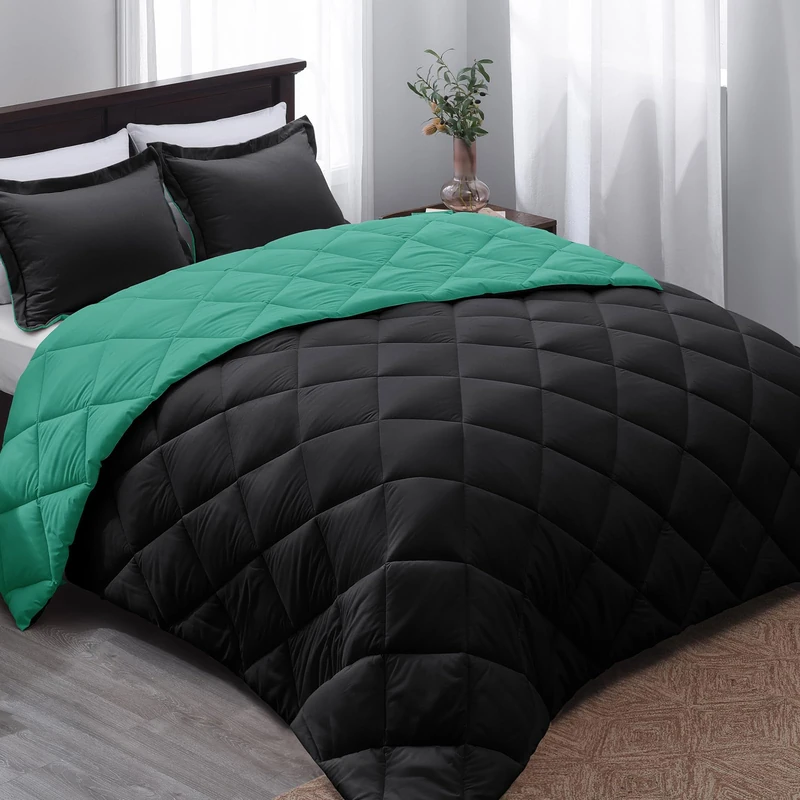 Basic Beyond Queen Bedding Set - Black/Mint Leaf, 3 Pieces (Comforter, 2 Pillow Shams), All Seasons, Contemporary, Leaf Pattern