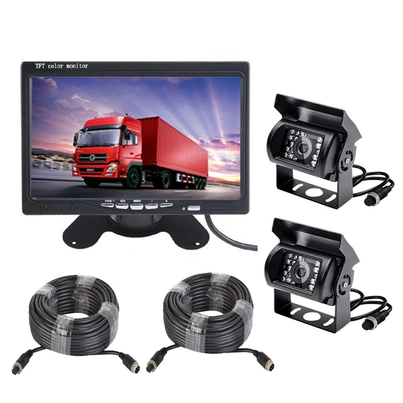 Vehicle Backup Camera and 7 inch Screen Monitor Kit,2 x IR Night Vision Reverse Rear View Camera System with 4 Pin 15m 20m Cable for RV Truck Trailer Bus Camper Motorhome
