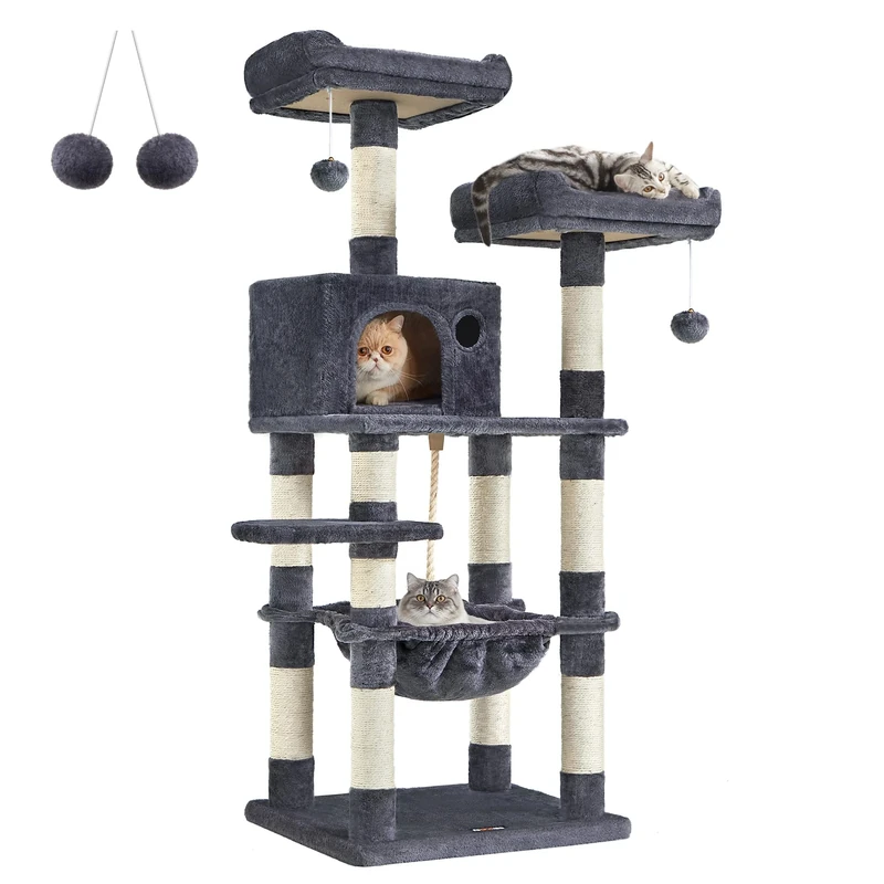 FEANDREA Cat Tree, Stable Cat Tower, 2 Plush Perches, 143cm, Smoky Grey PCT15GYZ