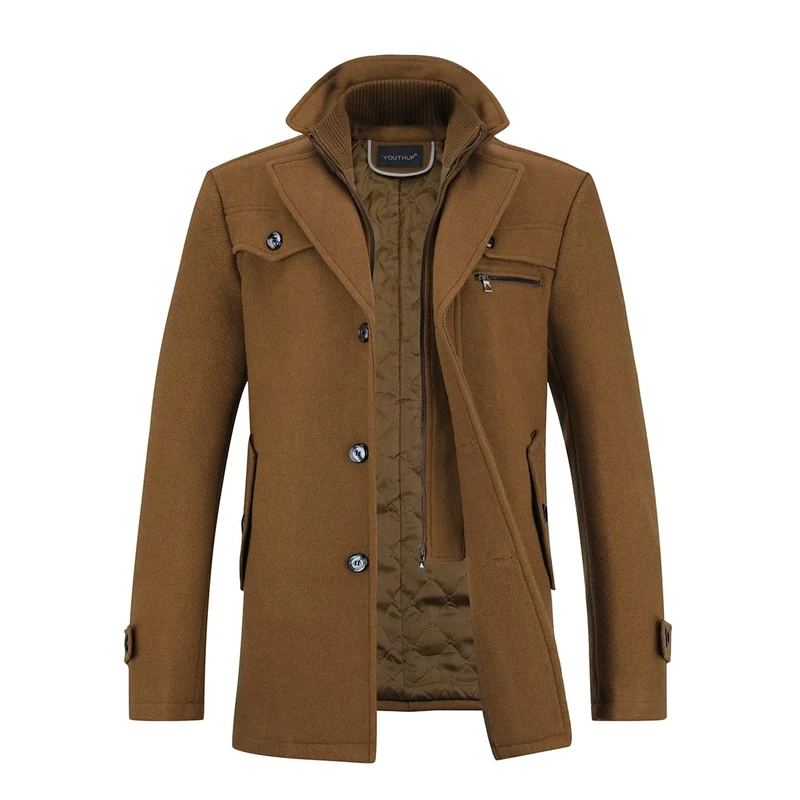 YOUTHUP Mens Winter Wool Coat Hip-Length Thick Trench Coats Padded Warm Peacoat Casual Outwear, Brown, XL