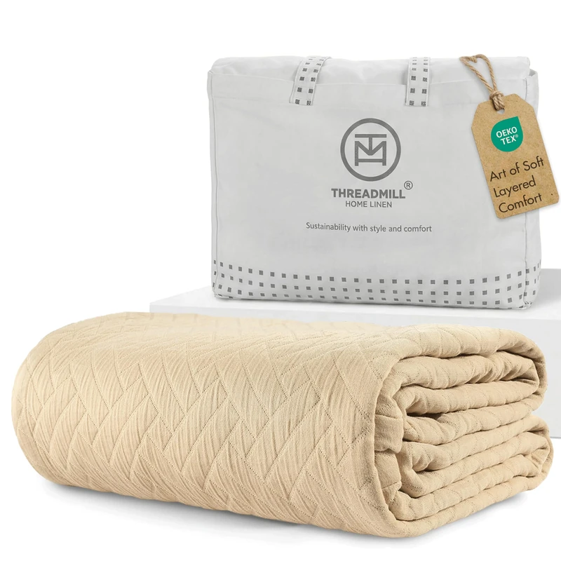 Gewindeband-Queen-Size-Decke, weiche beigefarbene Decke – hochwertige und luxuriöse Qualität, aus 100% langstapeliger, Jacquard-Matelasse-Finish für alle Jahreszeiten, 228.6x228.6 cm