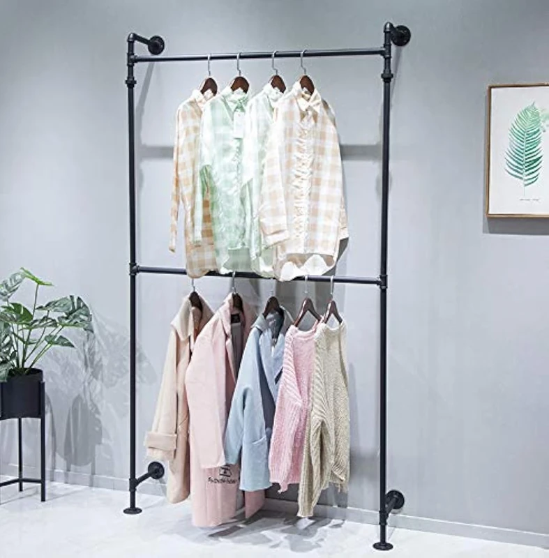 Industrial Pipe Clothes Rack, Wall Mounted Black Iron Garment Bar, Multi-Purpose Hanging Rod for Closet Storage(Black)