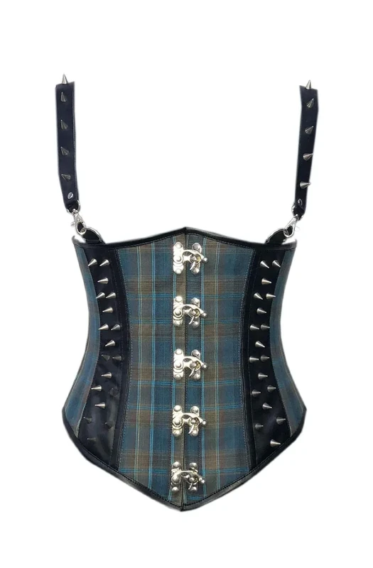 Blue Corset Checkered Cotton Black Leather Strap Gothic Waist Training Underbust