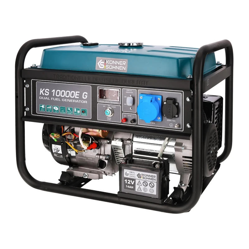 K&S LPG/Petrol Generator, 8000W Power, Dual Fuel Emergency Generator (8 kW) for Workshop, Construction, 4-Stroke, 15h Operating Time, AVR, Copper, 13A and 32A Sockets, Könner & Söhnen KS 10000E G