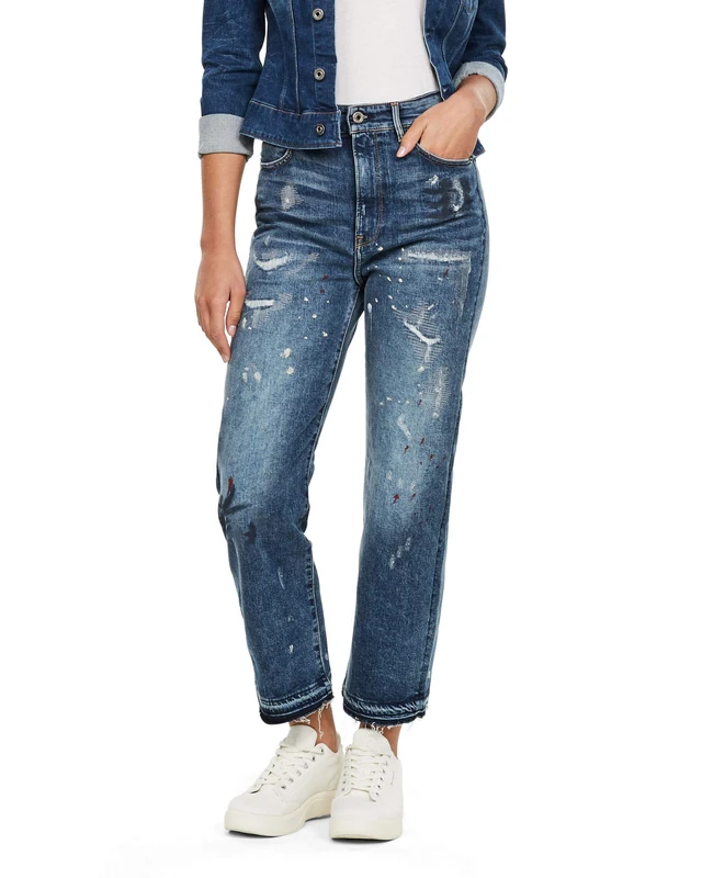 G-Star Women's Tedie Ultra High Straight Ripped Edge Ankle Jeans, Blue (sun faded prussian blue painted D17177-C052-B477), 31W / 34L
