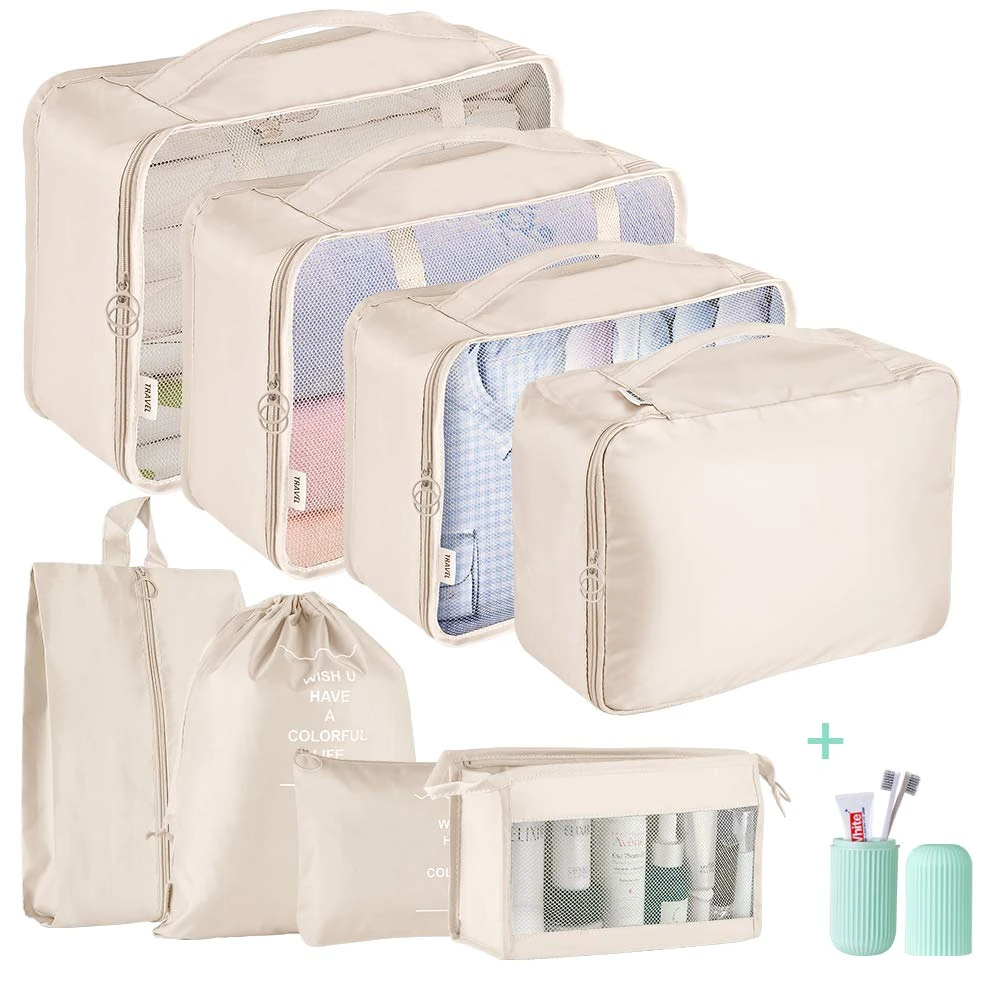 Packing Cubes for Suitcase,Geediar 9 PCS Travel Luggage Packing Organizers Waterproof Travel Essentials Bag Clothes Shoes Cosmetics Toiletries Storage Bags(c-Beige)…