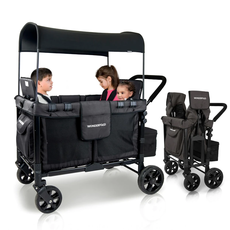 WONDERFOLD W4 Original Quad Stroller Wagon Featuring 4 High Face-to-Face Seats with 5-Point Harnesses, Easy Access Front Zipper Door, and Removable UV-Protection Canopy, Black