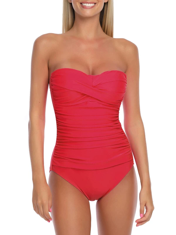 RELLECIGA Women's Tummy Control Swimwear Strapless One Piece Swimsuit for Women, Red, Large