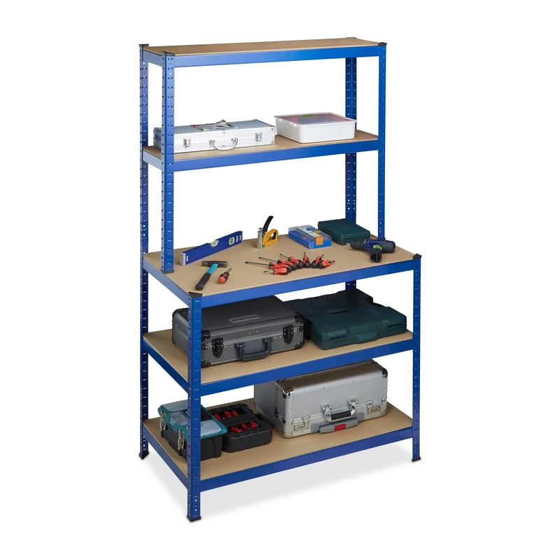 Relaxdays Heavy-duty Shelving, With Workbench, Capacity 900 kg, 5 Tiers, Modular, HxWxD 180x100x60 cm,Steel, MDF, Blue