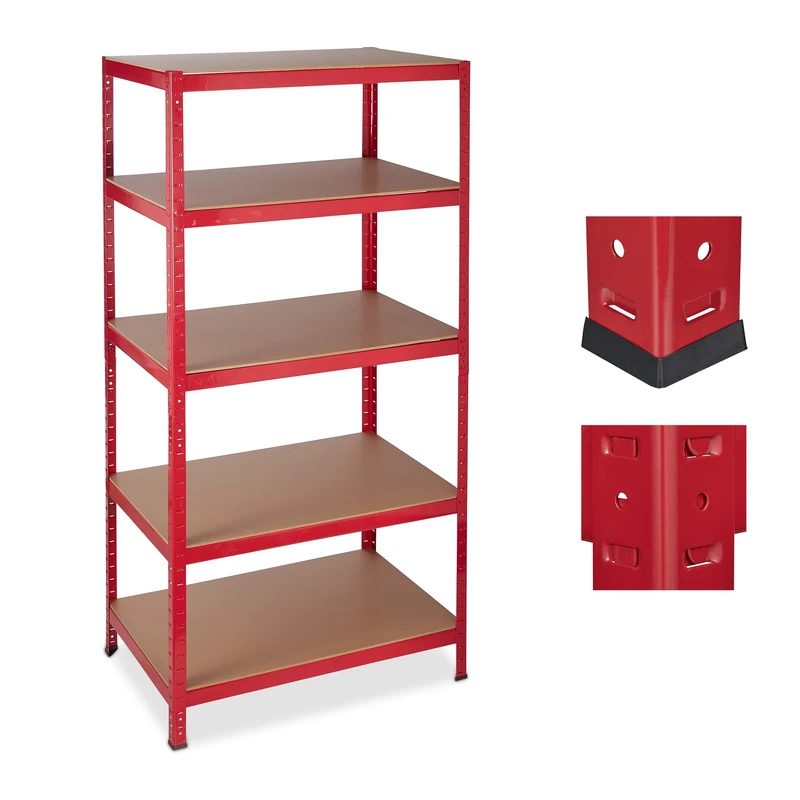 Relaxdays Heavy Duty Shelf Unit, 5 Tiers, Capacity 1325 kg, Modular Cellar Shelves, HWD 180x90x60 cm, Metal/MDF, Red