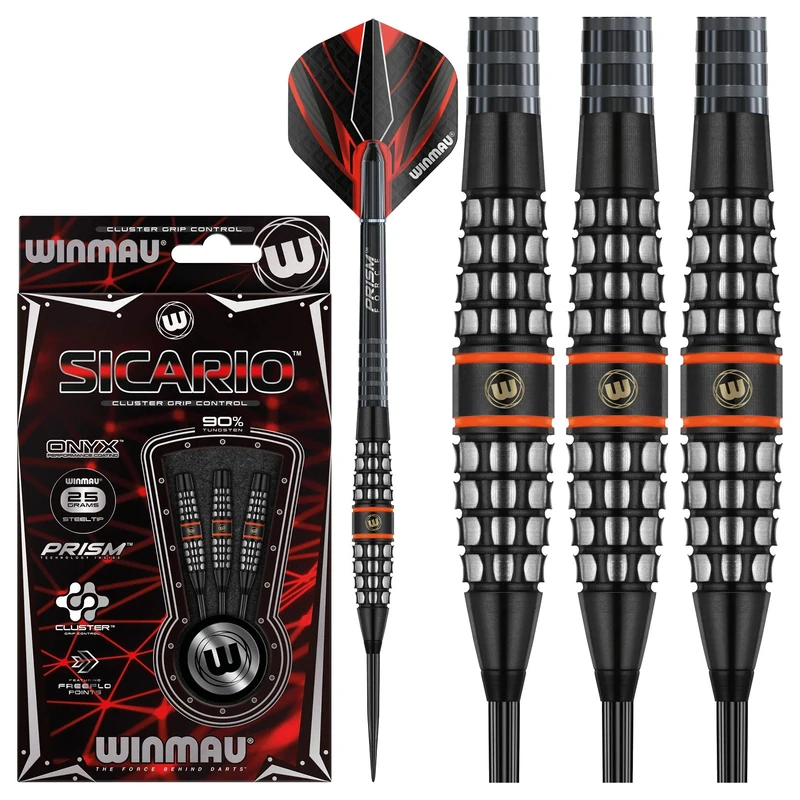 WINMAU Sicario Tungsten Steeltip Darts Set 25g with Prism Flights and Shafts (Stems)
