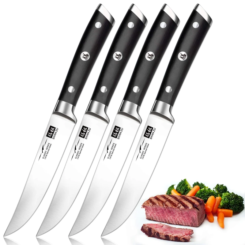 SHAN ZU Japanese Steak Knives Set of 4, High Carbon Super Sharp German Stainless Steel Knives with 15° Double Sides Edge & Ergonomic Pakkawood Handle