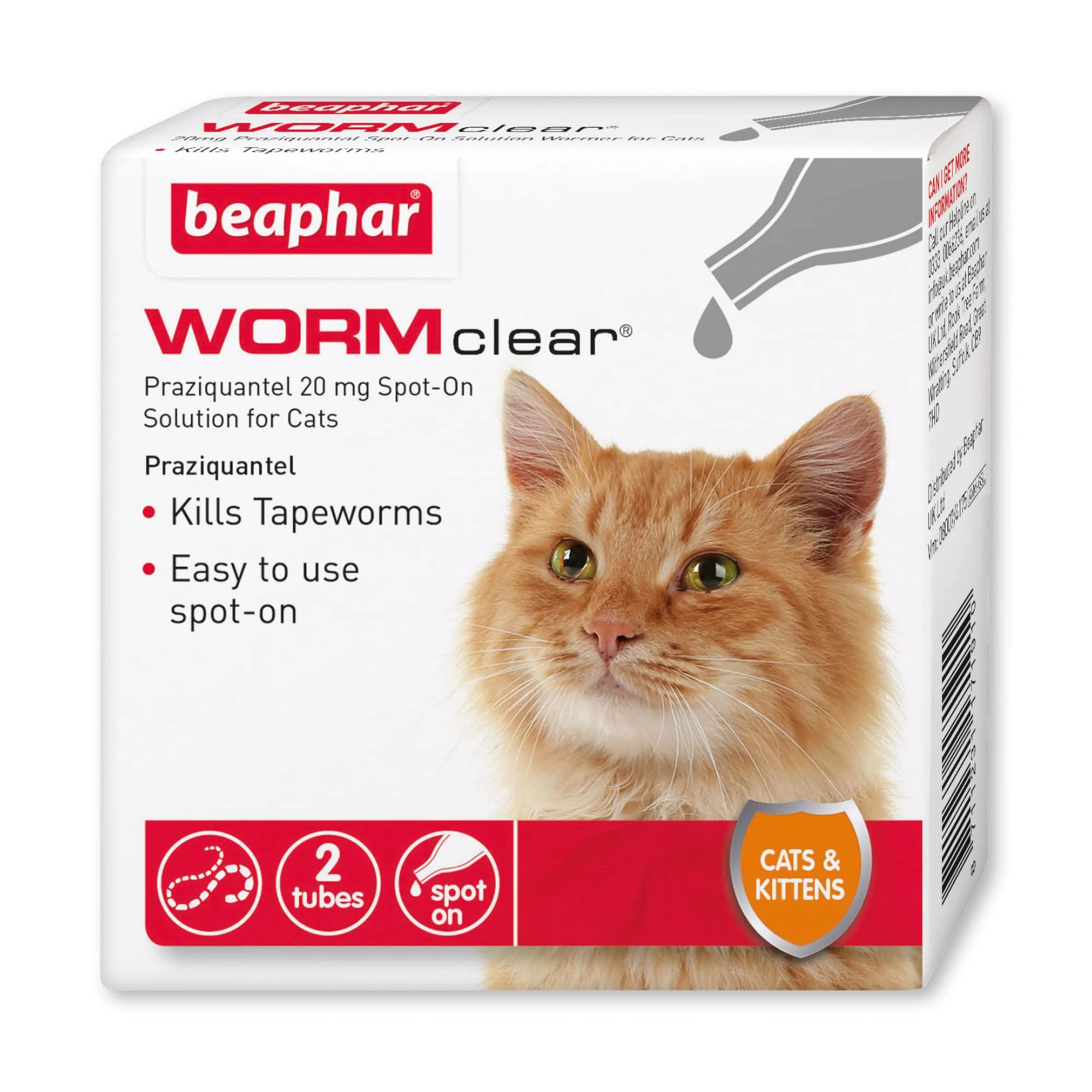 Beaphar - WORMclear® Spot-On for Cats – 2 Pipettes - Kills Tapeworms - Vet Strength Worming Treatment Worming Treatment - Easy-To-Use Spot-On - Suitable for Cats & Kittens Weighing More than 1kg