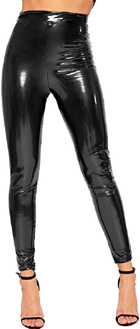 GirlzWalk Womens Vinyl Leggings Ladies PVC Wet Look Shiny Disco High Waist Skinny Trouser Pants (Black, SM/UK 8-10)