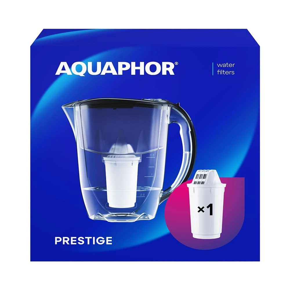 AQUAPHOR Water Filter Jug Prestige I 1 X A5 Filter Included I Capacity 2.8l I Fits in the fridge door I Reduces Limescale Chlorine & Microplastics Black