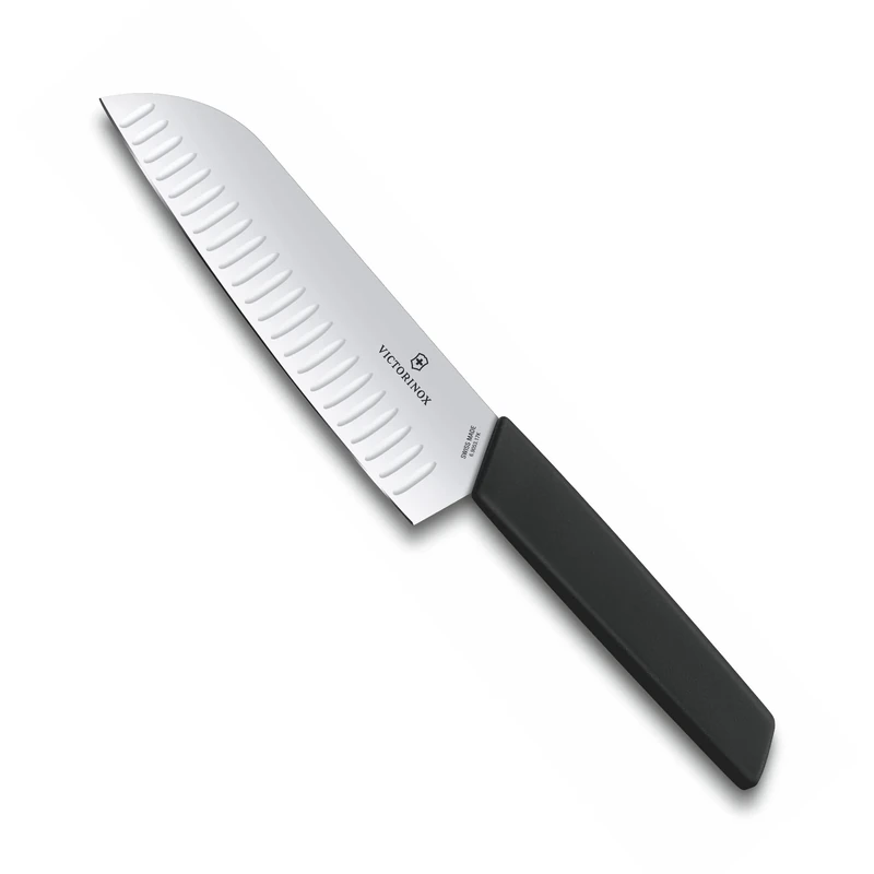 Victorinox, Swiss Modern Professional Santoku Knife, Extra Sharp Blade, Serrated Edge, 17 cm, Robust Plastic Handle, Stainless Steel, Black