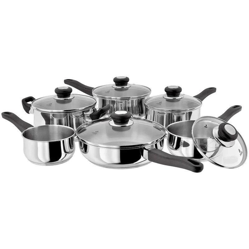 Judge Vista Stainless Steel Set of 6 Induction Pans, 20cm Casserole, 24cm Saute Pan, 16/18/20cm Saucepans with Lids, 14cm Milk Pan