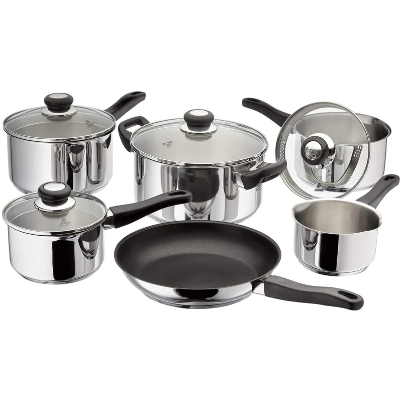Judge Vista 6-Piece Set of Stainless Steel Pans, 16cm, 18cm & 20cm Draining Saucepans with Lids, 14cm Milk Pan, 24cm Casserole, 26cm Non-Stick Frying Pan