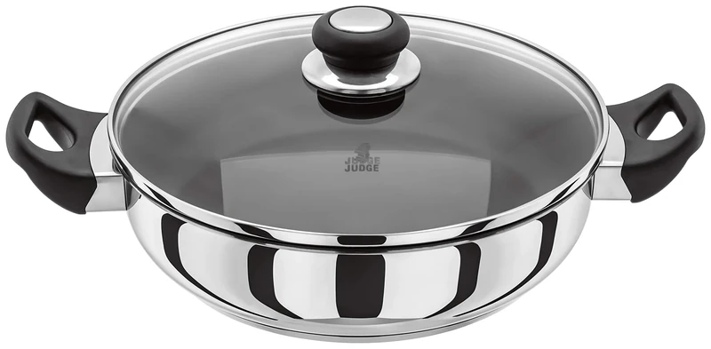 Judge Vista Stainless Steel Non-Stick Large Shallow Casserole 28cm Frying Pan with Shatterproof Glass Lid, Induction Ready, Oven Safe