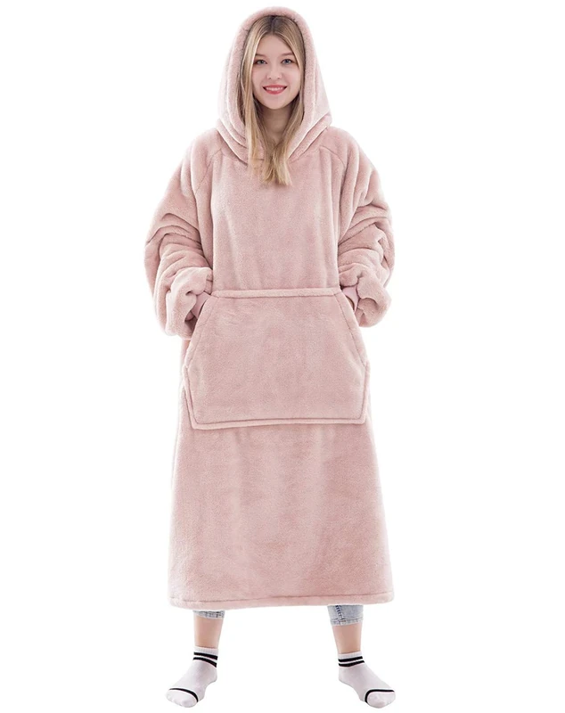 Waitu Wearable Blanket Sweatshirt for Women and Men, Super Warm and Cozy Big Blanket Hoodie, Thick Flannel Blanket with Sleeves and Giant Pocket - Pink
