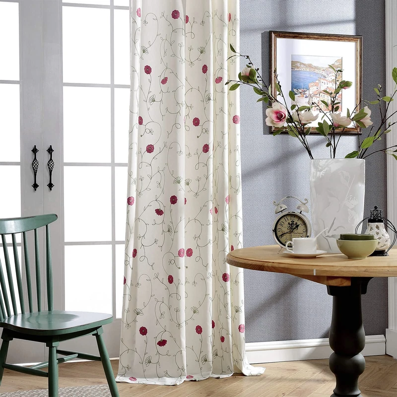 VOGOL Pink Floral Embroidered Curtains 96 Inches Long, Grommets Window Curtain for Living Room 52x96 Inch, 2 Panels