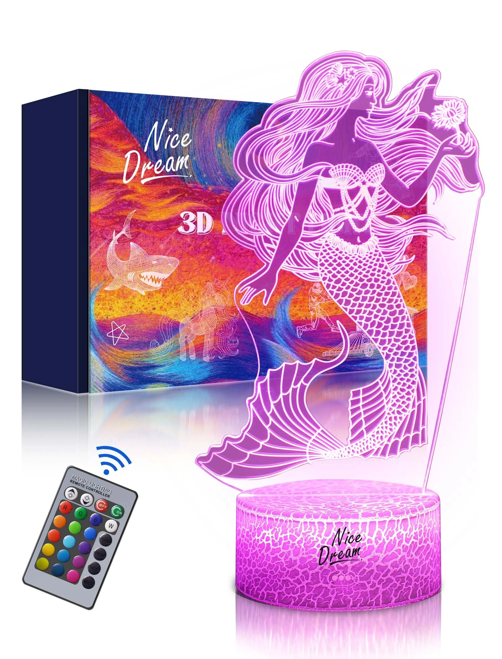 Nice Dream Mermaid Night Light for Kids, 3D Night Lamp, 16 Colors Changing with Remote Control, Room Decor, Gifts for Children Girls Boys
