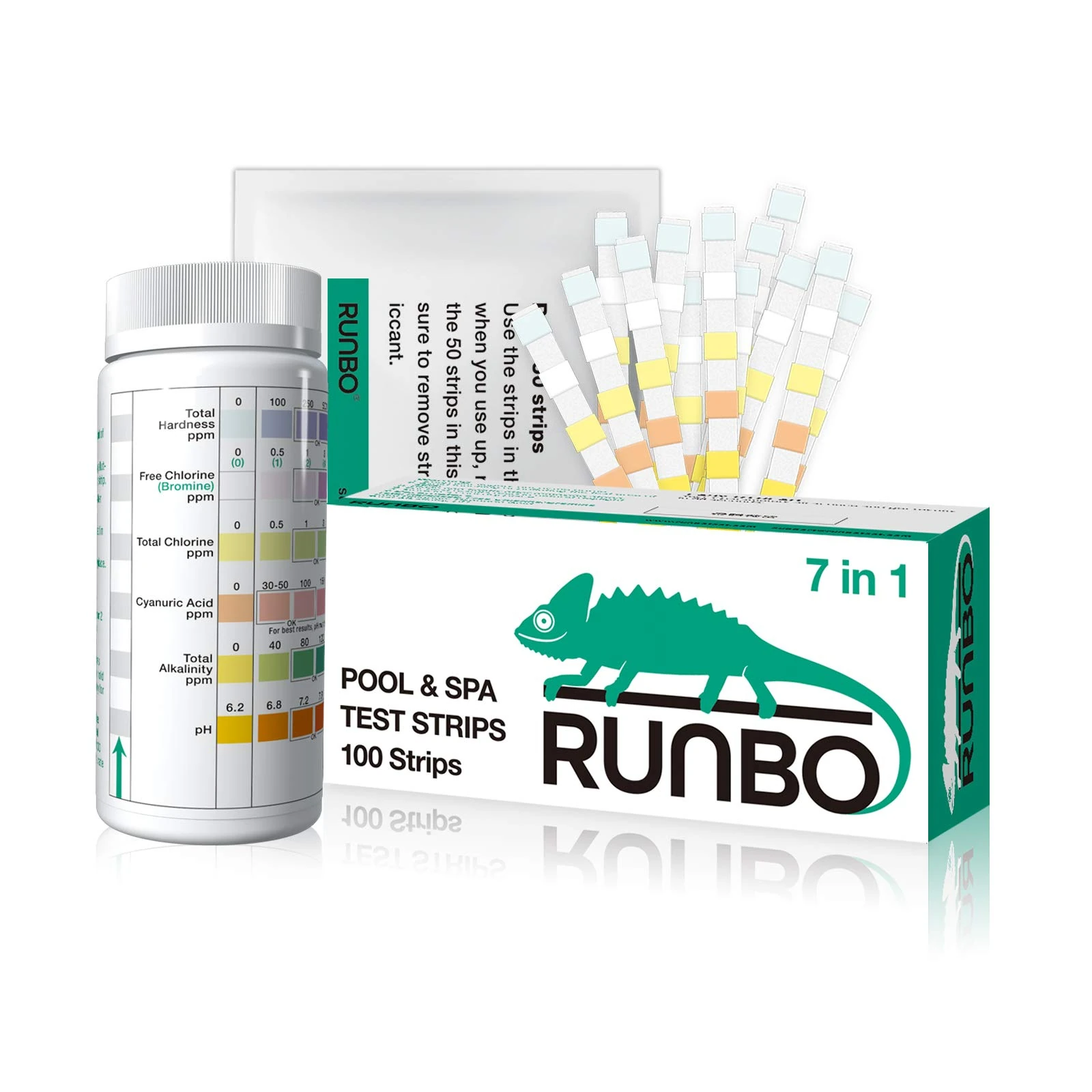 RUNBO Pool Test Strips 7in1， SPA and Hot Tub Testing kits for Free Chlorine, Total Chlorine, Bromine, Total Hardness, Total Alkalinity, pH and Cyanuric Acid.100 Counts