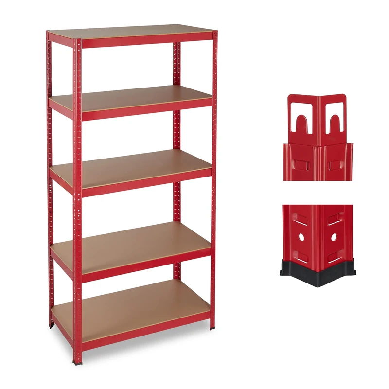 Relaxdays Heavy-duty Shelving, Capacity 875 kg, 5 Tiers, Modular, Cellar, Garage, HxWxD: 180x90x45 cm; Steel, MDF, Red