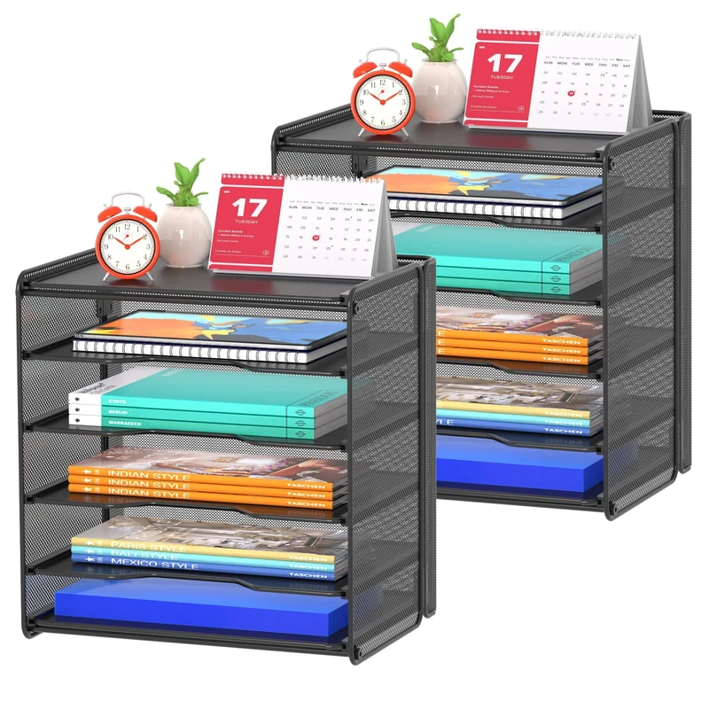 Samstar 2 Pack Paper Letter Tray, Mesh Desk File Organizer with 5 Tier Shelf and Sorter, Black