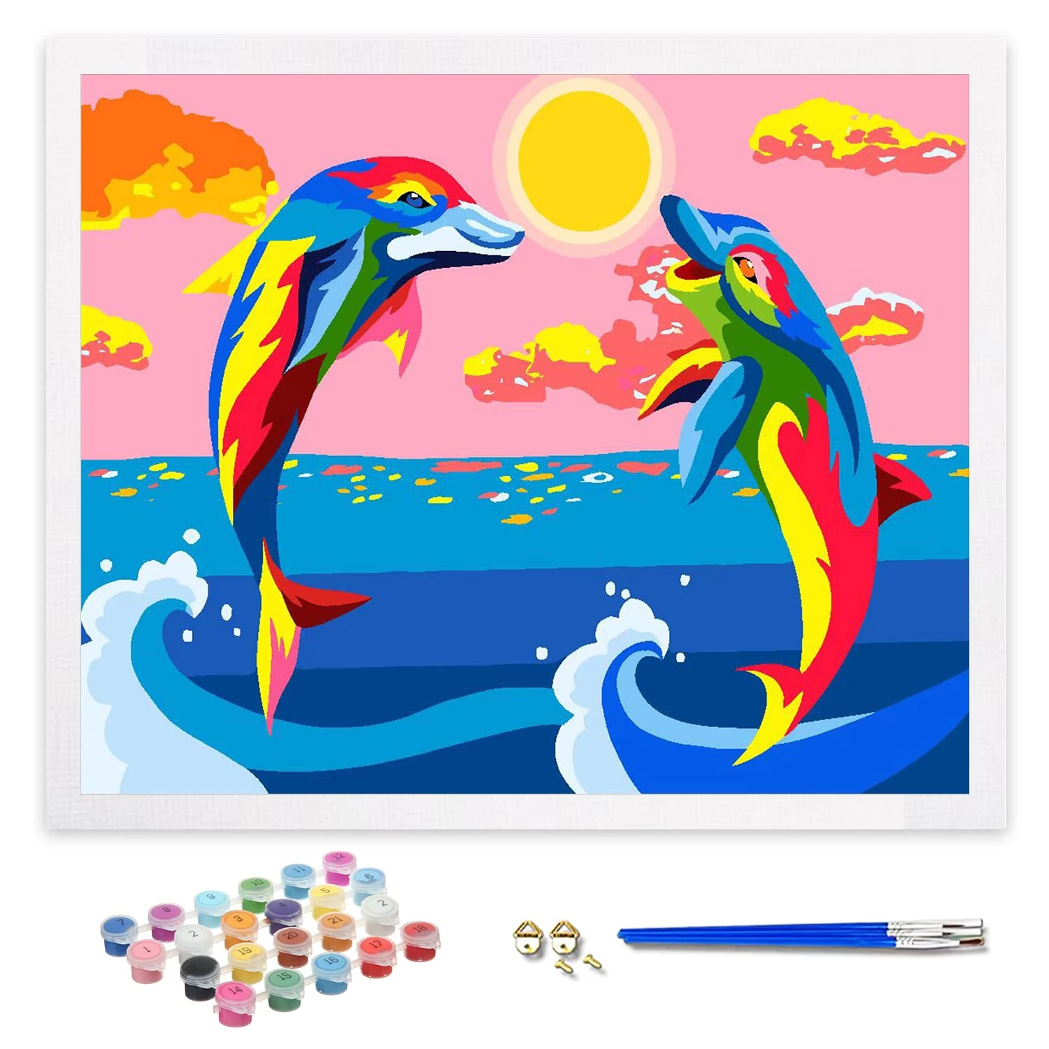 ifymei Paint by Numbers for Adults, Children, Beginners, DIY Gift Arts Kits with Brushes and Acrylic Pigment, 16x20 Inch Colorful Dolphin [Without Frame]