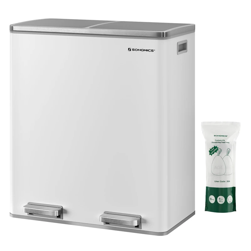 SONGMICS Dual Rubbish Bin, Metal Recycling Bin with 15 Rubbish Bags, 2-Compartment, with Lids, Pedals, Plastic Inner Buckets, Soft Closure, 2 x 8 Gallons (2 x 30 L), White and Grey LTB60WT
