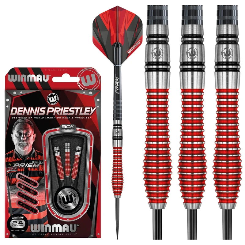 WINMAU Dennis Priestley Special Edition Tungsten Steeltip Darts Set 24g with Prism Flights and Shafts (Stems)