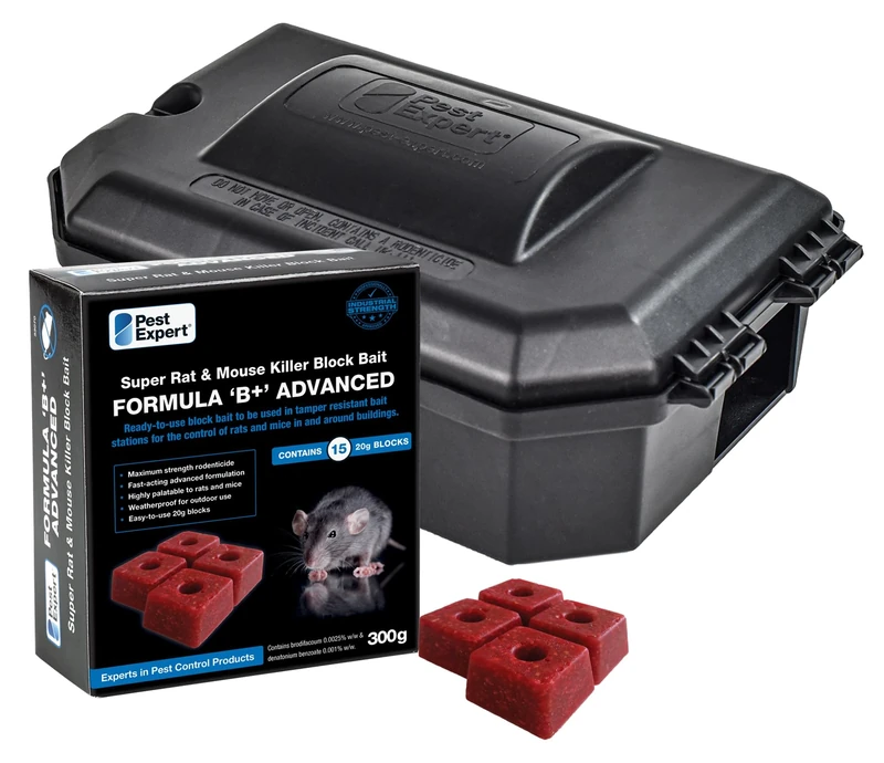 Pest Expert Rat/Mouse Killer Poison Bait Blocks (300g - 15 Blocks) Single Feed Fast-Acting Rat Poisoning Super Strength for Indoor/Outdoor Use & Heavy-Duty Rat Bait Box Station for Safe Control