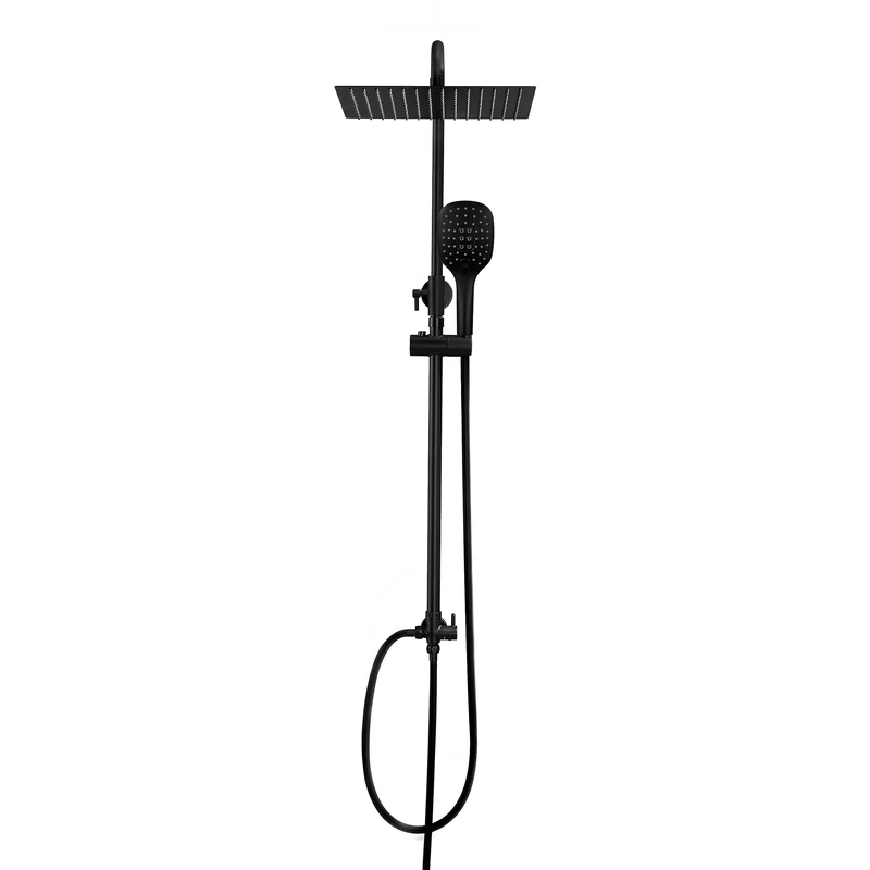 Görbach Black Shower Column Without Taps Mechanical Shower Column Shower Cabin Bath Shower Head Bathroom with Adjustable Fixings and Square Rain Head 25 x 25 cm