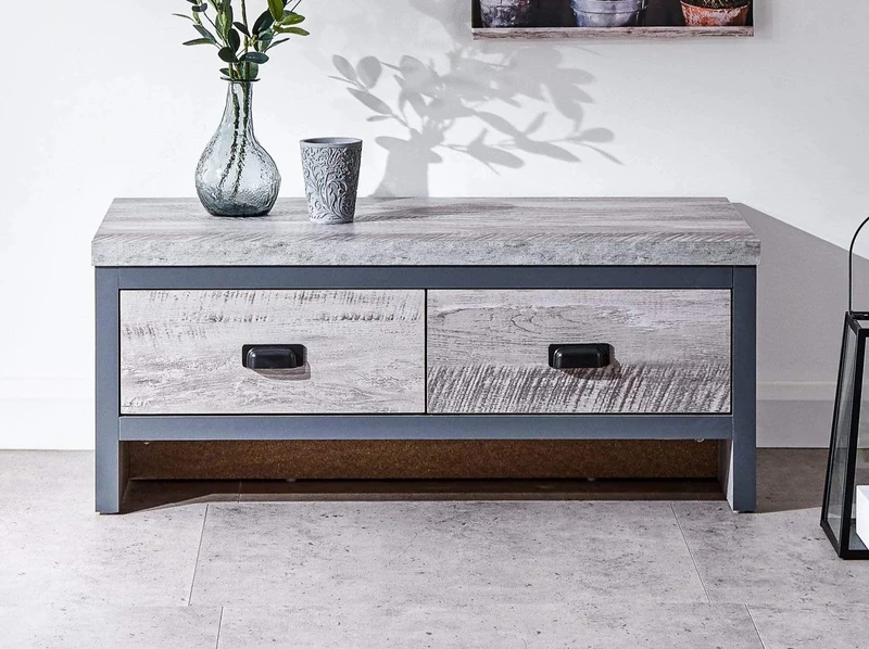 GFW Boston 2 Drawer Coffee Table Grey With Distressed Finish For Living Room, With 2 Storage Drawers For Entertainment Controls, Magazine Or Books, 87 cm Width x 48 cm Depth x 35.5 cm Height, Grey