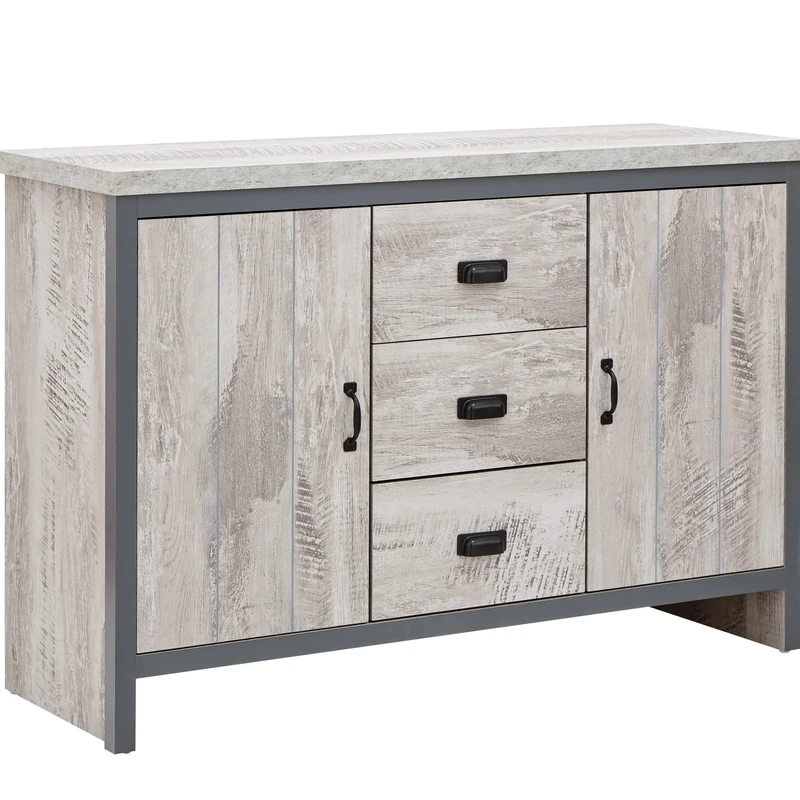 GFW Boston Sideboard Unit With 3 Storage Drawers & 2 Door Storage Cabinets & Adjustable shelves, Contemporary Grey Wooden Oak Sideboards For Living room, Kitchen, Bathroom, 113W x 39D x 74.6H cm