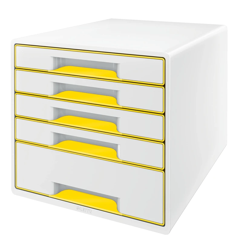 Leitz 5 A4 Drawer Cabinet with Marker Pen and Transparent Tray, Organiser, Wow Range, White/Yellow